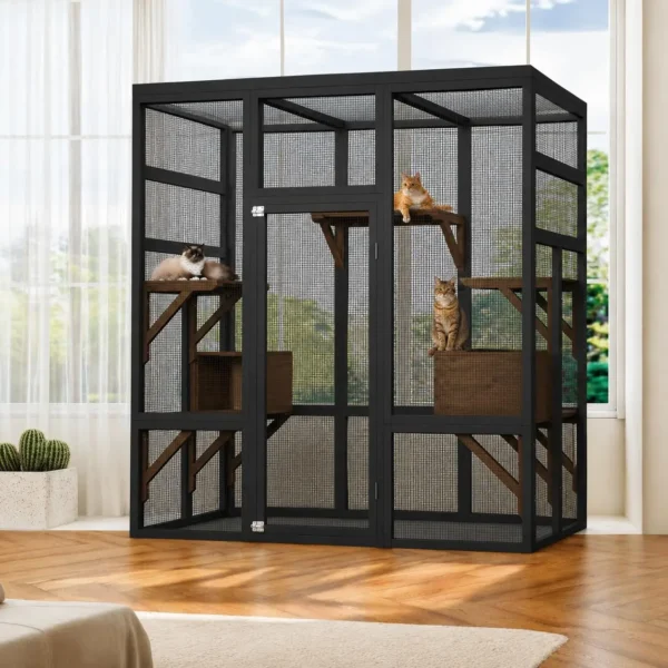 70-Inch Outdoor Wooden Catio with Platforms & Cat Houses