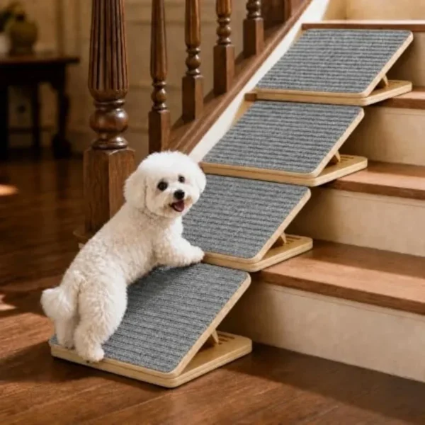 4-Pack Adjustable Small Dog Ramps for Stairs: Wooden, Beige, Non-slip Carpeted Surface with Folding Height Adjustment for Senio